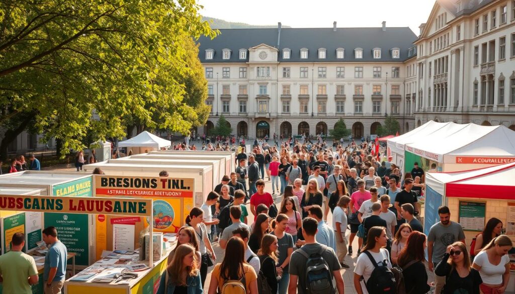 A bustling university campus on a sunny day, the University of Lausanne student organizations gathered in the central quad. In the foreground, lively booths and displays showcase the diverse clubs and activities, from sports teams to cultural societies. In the middle ground, students mingle and engage with the various offerings, their expressions animated as they discuss their passions. The background is framed by the university's iconic architecture, a blend of traditional and modern elements, creating a dynamic and inviting atmosphere. Soft, natural lighting bathes the scene, lending a warm and welcoming ambiance to the lively student life showcased. A bustling university campus on a sunny day, the University of Lausanne student organizations gathered in the central quad. In the foreground, lively booths and displays showcase the diverse clubs and activities, from sports teams to cultural societies. In the middle ground, students mingle and engage with the various offerings, their expressions animated as they discuss their passions. The background is framed by the university's iconic architecture, a blend of traditional and modern elements, creating a dynamic and inviting atmosphere. Soft, natural lighting bathes the scene, lending a warm and welcoming ambiance to the lively student life showcased.