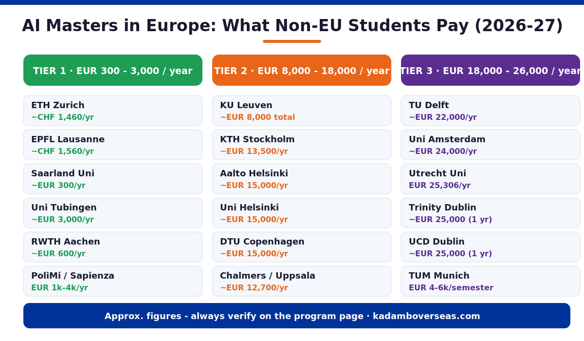 Tuition comparison for AI masters in Europe by tier for non-EU students